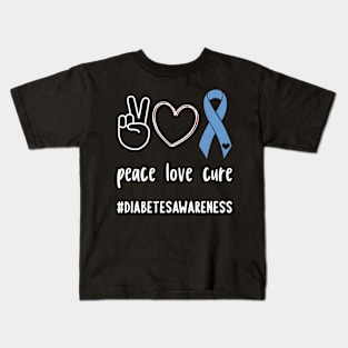 Peace Love Cure Diabetic Blue Ribbon T1D Diabetes Awareness Kids T-Shirt